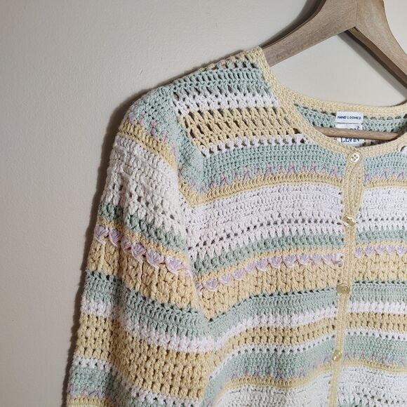 Levon Levin Hand Loomed Striped Crochet Cardigan Pastel Retro 90s Y2K Size Large - Picture 7 of 11